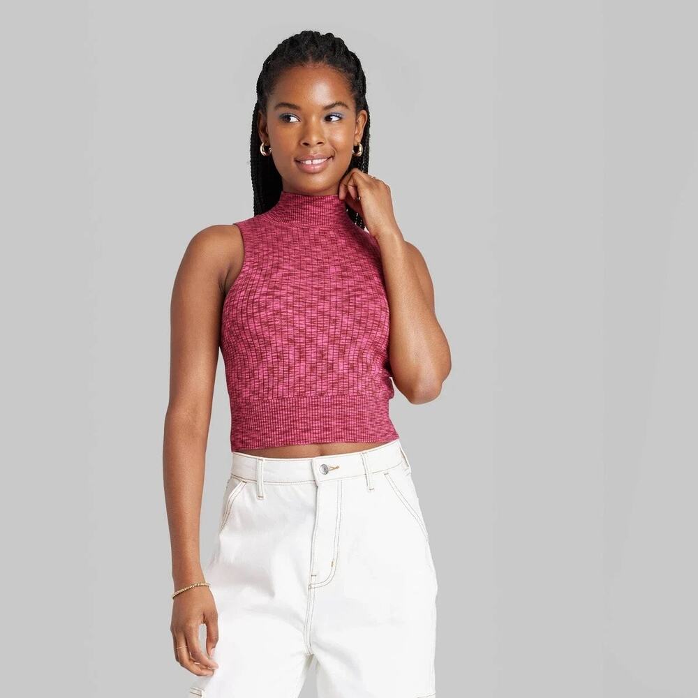 Wild Fable Ribbed Mock Neck Sleeveless Pink Crop Top Size M